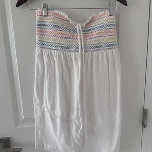 White Strapless Swim Coverup with Multicolor Pattern